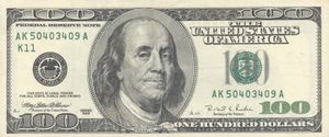 The currently produced U.S. $100 Federal Reserve Note, featuring a portrait of Benjamin Franklin. 