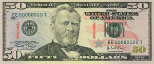 The currently produced U.S. $50 Federal Reserve Note, featuring a portrait of President Ulysses S. Grant.