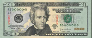 The currently produced U.S. $20 Federal Reserve Note, featuring a portrait of President Andrew Jackson.