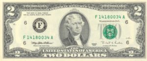 The currently produced U.S. $2 Federal Reserve Note, featuring a portrait of President Thomas Jefferson.