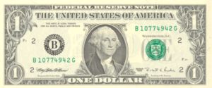 The currently produced U.S. $1 Federal Reserve Note, featuring a portrait of President George Washington.