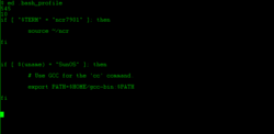 Editing a shell script using the ed editor. The dollar-sign at the top of the screen is the prompt printed by the shell. 'ed' is typed to start the editor, which takes over from that point on the screen downwards.