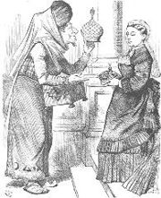 This cartoon, New Crowns for Old Ones from a famous Arabic tale, depicts Disraeli as a peddler offering Victoria an Imperial crown