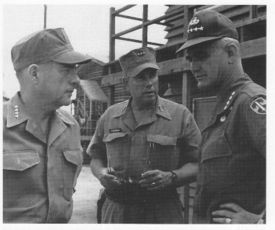 Commandant of the Marine Corps Wallace Greene (l), III MAF commander General Robert Cushman (c), and General Westmoreland (r)