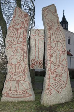 A composite image made from several sides of the Ledberg Runestone having illustrations of what probably are Varangians in the Byzantine Empire and a Byzantine ship