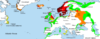 Map showing area of Scandinavian settlement in the eighth (dark red), ninth (red), tenth (orange) and eleventh (yellow) centuries. Green denotes areas subjected to frequent Viking raids.