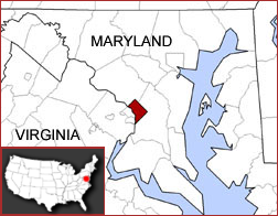 Location of Washington, D.C., in relation to the states Maryland and Virginia.