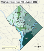 Unemployment in the District Columbia, ranging from 1.5% in Upper Northwest to 16.3% in Ward 8, reflects economic disparity that exists across the city.