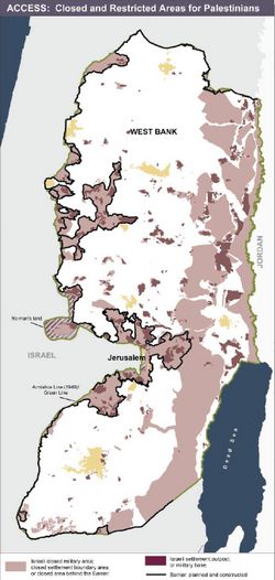 Settlements (darker pink) and areas of the West Bank (lighter pink) where access to Palestinians is closed or restricted. Source: United Nations Office for the Coordination of Humanitarian Affairs, January 2006.
