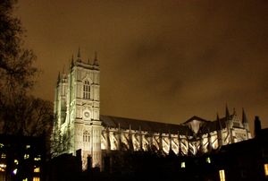 The Abbey at night, from Dean's Yard. Artificial light reveals the exoskeleton formed by flying buttresses