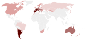 Wine yearly consumption, per capita: ██ less than 1 litre. ██ from 1 to 7 litres. ██ from 7 to 15 litres. ██ from 15 to 30 litres. ██ More than 30 litres.