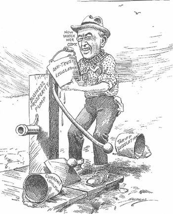 Wilson uses tariff, currency and anti-trust laws to prime the pump and get the economy working in a 1913 political cartoon