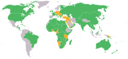 Map of the world with the Participants in World War I. The Allies are depicted in green, the Central Powers in orange and neutral countries in grey.