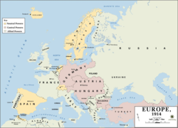 European military alliances in 1914. The Central Powers are depicted in puce, the Entente Powers in grey, and neutral countries in yellow