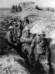 In the trenches: Infantry with gas masks, Ypres, 1917.