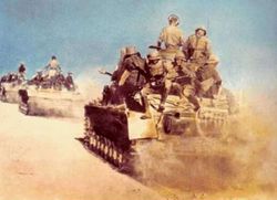 Afrika Korps tanks advance during the North African campaign.