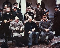 Winston Churchill, Franklin D. Roosevelt, and Joseph Stalin at Yalta in 1945.