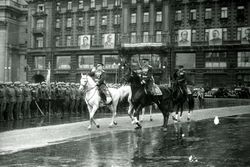 Marshals of the Soviet Union Zhukov (on the white horse) and Rokossovsky at the Victory Parade in Red Square on June 24, 1945.
