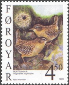 Winter Wren (Troglodytes troglodytes)Stamp FR 345 of Postverk Føroya, Faroe IslandsIssued: 22 February 1999Artist: Astrid Andreasen