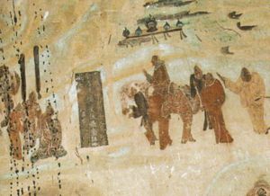 Zhang Qian taking leave from emperor Han Wudi, for his expedition to Central Asia from 138 to 126 BCE, Mogao Caves mural, 618-712 CE.