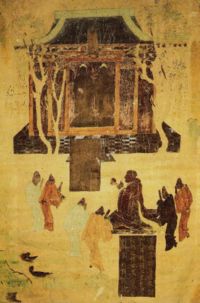Fresco describing Emperor Han Wudi (156-87 BCE) worshipping two statues of the Buddha, Mogao Caves, Dunhuang, c.8th century CE.