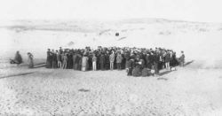 Tel Aviv, its name taken from a work by Theodor Herzl, was founded by Zionists on empty dunes north of Jaffa. This photograph is of the auction of the first lots in 1909.