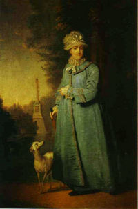 Portrait of Catherine in an advanced age, with the Chesme Column in the background.