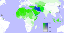Distribution of Islam per country. Green  represents a Sunni majority and blue represents a Shia majority.