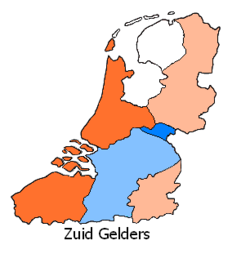 Position of Zuid-Gelders (Marked dark Blue) within the Dutch speaking area
