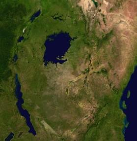 The Great Lakes and the East African coastline as seen from space. The Indian Ocean can be seen to the right.