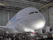 The first completed A380 at the "A380 Reveal" event in Toulouse