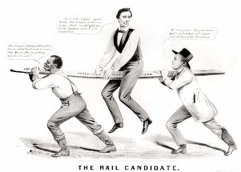 "The Rail Candidate", Lincoln's 1860 candidacy is held up by slavery issue (slave on left) and party organization (New York Tribune editor Horace Greeley on right)