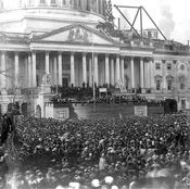 Photograph showing the March 4, 1861, inauguration of Abraham Lincoln in front of U.S. Capitol Building