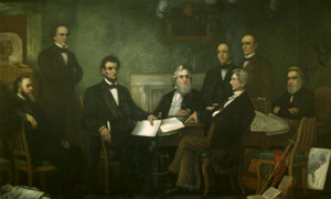 Lincoln met with his Cabinet for the first reading of the Emancipation Proclamation draft on July 22, 1862. L-R: Edwin M. Stanton, Salmon P. Chase, Abraham Lincoln, Gideon Welles, Caleb Smith, William H. Seward, Montgomery Blair and Edward Bates.