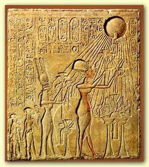 Pharaoh Akhenaten and his family adoring the Aten