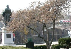 Statue of Hamilton by Franklin Simmons, overlooking the Great Falls of the Passaic River in Paterson, New Jersey. Hamilton envisioned the use of the falls to power new factories.