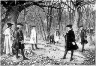 A contemporary artistic rendering of the 11 July 1804 duel between Aaron Burr and Alexander Hamilton by J. Mund.