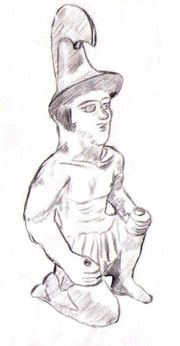 Statuette of a Greek soldier, from a 4th–3rd century BC burial site north of the Tian Shan, at the maximum extent of Alexander's advance in the East (Ürümqi, Xinjiang Museum, China) (drawing).