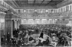 Harper's Weekly illustration of Johnson's impeachment trial in the United States Senate.