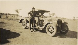 Snowy Rowles, convicted for The Murchison Murders, standing beside the car of James Ryan, photographed by Arthur Upfield.  Ryan was one of the victims.