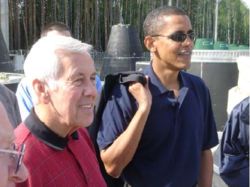 Senate Foreign Relations Committee Chairman Richard Lugar (R-IN) and Committee member Barack Obama at a Russian base, where mobile launch missiles are being destroyed by the Nunn–Lugar program.