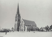 The construction of Christchurch Cathedral, designed by George Gilbert Scott, was supervised by Benjamin Mountfort who designed the spire.