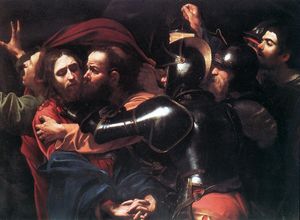 The Taking of Christ,  1602. National Gallery of Ireland, Dublin. Caravaggio's application of the chiaroscuro technique shows through on the faces and armour notwithstanding the lack of a visible shaft of light.