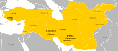 Superimposed on modern borders, the  Achaemenid Empire under Cyrus' rule extended approximately from Turkey, Israel, and Azerbaijan in the west to Kazakhstan, Kyrgyzstan, and Pakistan in the east. Persia became the largest empire the world had ever seen.