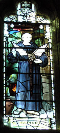 Stained glass window showing Eilmer, installed in Malmesbury Abbey in 1920 in memory of Rev. Canon C. D. H. McMillan, Vicar of Malmesbury from 1907 to 1919.