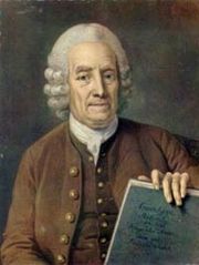 Emanuel Swedenborg, 75, holding the manuscript of Apocalypsis Revelata (1766).