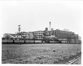 A view of the Swift Brands Sioux City, Iowa meat packing plant, circa 1917. All but one of the refrigerator cars in the photo bear the markings of the Swift Refrigerator Line.