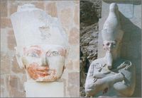 These two statues once resembled each other, however the symbols of pharaonic power: the Uraeus, Double Crown, and False beard have been stripped from the left image.  Images portraying Hatshepsut as Pharaoh were destroyed, or vandalized within decades of her death.