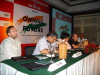 Jimmy Wales (far left) at a session on Open Source, Open Access, at the Owning the Future conference held in New Delhi, India,  August 24, 2006