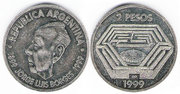 Special two-Argentine pesos coin with a Caricature of Borges, 1999